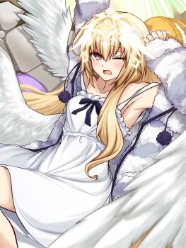 Rule 34 | 1girl, angel wings, bare shoulders, blonde hair, blush, breasts, commentary request, dress, fate/grand order, fate (series), feathered wings, grey sweater, headpiece, highres, jeanne d'arc (fate), kawairuka ko, long hair, long sleeves, looking at viewer, medium breasts, metatron jeanne (fate), metatron jeanne (second ascension) (fate), off shoulder, one eye closed, solo, striped clothes, striped sweater, sweater, tearing up, thighs, very long hair, white dress, wings, yawning, yellow eyes