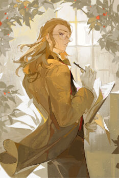 1boy absurdres artist_request brown_hair classicaloid commentary_request commission franz_schubert_(classicaloid) glasses gloves highres holding holding_paper holding_pen indoors jacket long_hair male_focus pants paper pen purple_eyes second-party_source sheet_music solo white_gloves window yellow_jacket yellow_pants