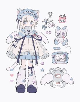 Rule 34 | 1girl, animal ear fluff, animal ears, backpack, bag, bandaid, bandaid on leg, bandaid on wing, black bow, black ribbon, black shoes, blue background, blue bow, blue eyes, blue skirt, blush, bow, bow legwear, cat ears, commentary request, covered mouth, full body, hair ornament, hairband, hairclip, heart, heart-shaped pupils, high collar, highres, jacket, lolita hairband, long sleeves, miniskirt, name tag, no nose, original, pink bow, pink pupils, pleated skirt, ribbon, shoes, short hair, simple background, skirt, sleeves past wrists, socks, solo, star (symbol), stuffed animal, stuffed cat, stuffed toy, symbol-shaped pupils, tareme, tenshi kaiwai, white hair, white jacket, white socks, winged bag, zane290, zipper pull tab