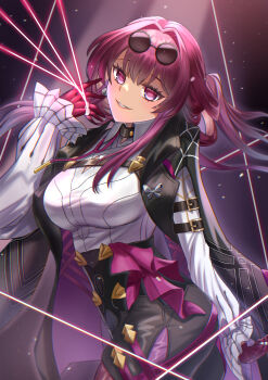 1girl absurdres black-framed_eyewear black_choker black_jacket black_shorts breasts butterfly_pin choker collared_shirt commentary_request cowboy_shot earrings eyewear_on_head floating_hair from_side gloves hair_between_eyes hand_up high-waist_shorts highres honkai:_star_rail honkai_(series) jacket jewelry kafka_(honkai:_star_rail) lapels large_breasts long_hair long_sleeves looking_at_viewer multiple_rings open_clothes open_jacket pantyhose pearl_earrings pink_pupils ponytail puffy_long_sleeves puffy_sleeves purple_background purple_eyes purple_gloves purple_hair purple_pantyhose ring round_eyewear shirt shorts sidelocks simple_background single_earring smile solo spider_web_print stage_lights standing sunglasses taichi58292223 teeth thread white_shirt