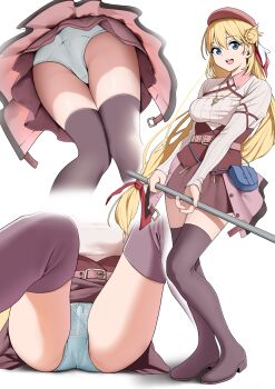 1girl absurdres agnes_claudel aqua_panties ass beret blonde_hair blue_eyes boots bow bow_panties commentary_request crotch_seam double-parted_bangs eiyuu_densetsu hair_bun hat highres holding holding_staff kuro_no_kiseki_(series) long_hair long_sleeves looking_at_viewer low-tied_long_hair magurotatakighn miniskirt multiple_views open_mouth panties picot_trim_panties pink_hat pink_shirt purple_boots shirt simple_background sitting skirt smile spread_legs staff standing thighhighs underwear upskirt variant_set very_long_hair white_background zettai_ryouiki