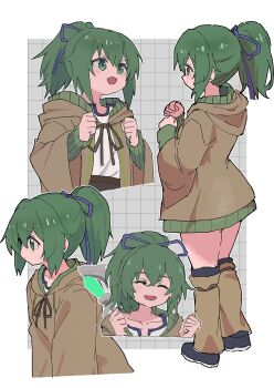 1girl blue_ribbon blush border brown_cloak cloak closed_eyes commentary_request drawstring duel_monster green_eyes green_hair green_skirt grey_background grid_background hair_between_eyes hair_ribbon highres holding holding_staff hood hood_down hooded_cloak medium_hair multiple_views open_cloak open_clothes open_mouth ponytail ribbon sasaki_rindou shirt sidelocks skirt smile staff thick_thighs thighs tied_drawstring white_border white_shirt winda_(yu-gi-oh!) yu-gi-oh! yu-gi-oh!_card_game_chronicles