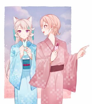 1boy 1girl :d animal_ear_fluff animal_ears aqua_bow aqua_streaks blonde_hair blue_kimono blue_sash blunt_bangs blush bow bracelet brother_and_sister cat_ears checkered_clothes checkered_kimono closed_mouth cloud commentary_request cowboy_shot expressionless eyelashes floral_print genshin_impact gradient_sky grey_hair hair_between_eyes hair_bow hands_up highres holding holding_tanzaku japanese_clothes jewelry kimono long_hair long_sleeves looking_at_another looking_to_the_side lynette_(genshin_impact) lyney_(genshin_impact) multicolored_hair nekorin_chu obi obiage obijime open_mouth parted_bangs pointing print_kimono purple_eyes red_kimono red_sash sash short_hair siblings sidelocks sky smile standing streaked_hair tanzaku teeth twins upper_teeth_only watermark white_background wide_sleeves