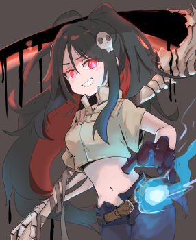 Rule 34 | 1girl, absurdres, belt, belt buckle, black gloves, black hair, black pants, blush, breasts, brown background, brown belt, brown shirt, buckle, commentary request, commission, crop top, gloves, grin, hair ornament, highres, hitodama, long hair, looking at viewer, multicolored hair, navel, open fly, original, pants, red eyes, red hair, shibainu kisetsu, shirt, short sleeves, simple background, skeb commission, skeletal arm, skull hair ornament, small breasts, smile, solo, two-tone hair, very long hair, wide sleeves