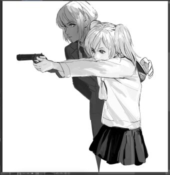2girls aiming arm_around_shoulder art_program_in_frame before_crisis:_final_fantasy_vii black_jacket black_necktie collared_shirt commentary elena_(ff7) english_commentary final_fantasy final_fantasy_vii furrowed_brow greyscale gun gun_(female) hair_between_eyes handgun highres holding holding_gun holding_weapon hover_hand jacket long_hair monochrome multiple_girls neckerchief necktie pleated_skirt school_uniform shirt short_hair shou_rou siblings sisters skirt suit_jacket sweater twintails upper_body weapon white_background white_shirt