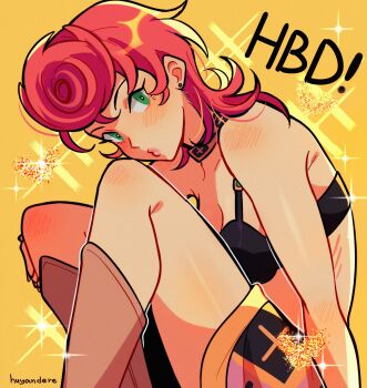 1girl absurdres artist_name black_bra boots bra choker commentary curled_up english_commentary green_eyes happy_birthday highres huyandere jojo_no_kimyou_na_bouken looking_at_viewer math o3o pink_hair pink_lips pompadour skirt solo sparkle trish_una underwear yellow_background