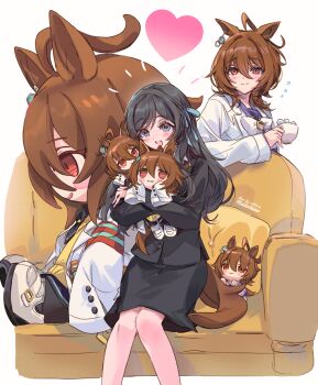 2girls :d agnes_tachyon's_trainer agnes_tachyon_(tach-nology)_(umamusume) agnes_tachyon_(umamusume) ahoge animal_ears artist_name black_hair black_jacket black_skirt blazer blue_eyes blue_ribbon bow bowtie brown_hair character_doll closed_mouth coat commentary_request cup cushion doll earrings female_trainer_(umamusume) hair_between_eyes hair_ribbon heart holding holding_cup horse_ears horse_girl huge_ahoge jacket jewelry lab_coat long_hair long_sleeves medium_hair multiple_girls open_mouth purple_shirt red_eyes ribbon school_uniform shirt signature single_earring sitting skirt smile sugar_cube teacup tracen_school_uniform trainer_(umamusume) umamusume umamusume:_beginning_of_a_new_era welchino white_bow white_bowtie white_coat