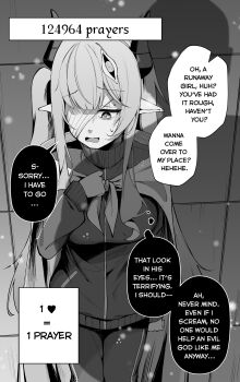 Rule 34 | 1girl, absurdres, against wall, bandage over one eye, clover dot (clov erd), commentary, cowboy shot, english commentary, english text, greyscale, head down, highres, horns, jacket, long hair, long sleeves, monochrome, nervous sweating, one eye covered, open mouth, original, pants, pointy ears, solo, speech bubble, sweat, thought bubble, track jacket, track pants