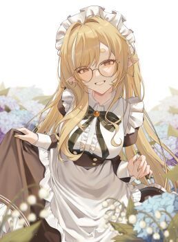 1girl absurdres apron black_dress blonde_hair blue_flower bow bowtie breasts center_frills collared_dress commission dress flower frills glasses glitch_stars green_bow green_bowtie highres kanna_yanagi long_hair maid maid_headdress multicolored_hair pointy_ears purple_flower season_siki second-party_source skeb_commission skirt_hold smile solo streaked_hair virtual_youtuber white_apron white_flower white_hair yellow_eyes yellow_nails