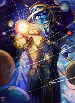 Rule 34 | 1boy, absurdres, black robe, blue cape, cape, commentary, english commentary, ferrofluid, fishbowl helmet, glowing, hand up, highres, male focus, manleytea, official alternate costume, orbital path, outstretched arm, planet, reverse:1999, robe, solo, space, ulrich (reverse:1999), upper body