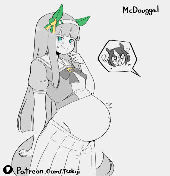 1girl belly big_belly closed_mouth commentary english_commentary highres looking_at_viewer navel outie_navel patreon_logo pregnant skirt solo tsukijitums watermark web_address