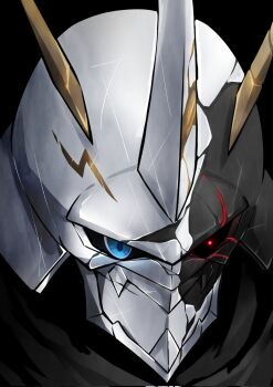 Rule 34 | black background, blue eyes, close-up, digimon, digimon (creature), gamr1p, highres, horns, mecha, omegamon, omegamon zwart defeat, red eyes, robot, simple background, solo