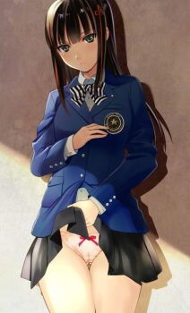 Rule 34 | 10s, 1girl, black hair, black skirt, blazer, bow, bow panties, clothes lift, day, female focus, jacket, lifting own clothes, long hair, looking at viewer, panties, persona, persona 5, pleated skirt, school uniform, seiru (prairie), shadow, skirt, skirt lift, solo, standing, tougou hifumi, underwear