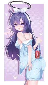 Rule 34 | 1girl, blue archive, blue bra, blue pajamas, blue panties, blue shorts, blush, bra, can, coca-cola, commentary request, hair between eyes, hair ribbon, hairband, halo, highres, holding, holding panties, holding underwear, holding unworn clothes, long hair, looking at viewer, mechanical halo, open mouth, pajamas, panties, purple eyes, purple hair, ribbon, shorts, solo, underwear, white hairband, white ribbon, yuanzi ako, yuuka (blue archive), yuuka (pajamas) (blue archive)