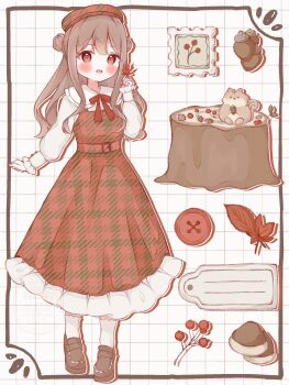 Rule 34 | 1girl, :d, absurdres, acorn, animal, ankle socks, autumn, belt buckle, beret, blush, bow, bowtie, brown hair, brown shoes, buckle, buttons, collared shirt, commentary, cranberry, dot nose, double-parted bangs, double bun, dress, fingernails, frilled dress, frills, full body, gingham dress, gingham hat, grid background, hair bun, hand up, hat, highres, holding, holding leaf, leaf, long hair, long sidelocks, long sleeves, looking at viewer, maple leaf, open mouth, original, pinafore dress, postage stamp, puffy long sleeves, puffy sleeves, red bow, red bowtie, red dress, red eyes, red hat, shirt, shoes, sidelocks, sleeveless, sleeveless dress, smile, socks, solo, squirrel, standing, symbol-only commentary, tree stump, tsukino mano, watermark, wavy hair, white shirt, white socks