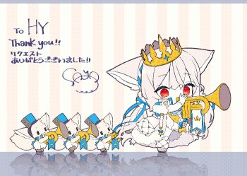 1girl animal animal_ear_fluff animal_ears animated animated_gif ascot asymmetrical_legwear blue_bow blue_ribbon blue_sash boots bow bowtie brown_boots bugle chibi coat coat_on_shoulders commission crown dress flower fox fox_ears fox_girl fox_tail frilled_vest frills full_body fur-trimmed_boots fur-trimmed_coat fur_trim gloves grey_hair hair_between_eyes hair_bow hair_ornament hair_ribbon hair_scrunchie high_collar holding instrument large_ears large_tail leg_up long_hair low_twintails original red_eyes ribbon rose sakurada_shiro_(hy_plus) sakurada_shiro_(royal)_(hy_plus) sash saya_(sayaya) scrunchie shoulder_sash single_bare_leg single_sock skeb_commission socks solo striped_background tail thank_you thighhighs trumpet twintails uneven_legwear very_long_hair vest walking white_coat white_dress white_flower white_gloves white_hair white_rose white_socks white_thighhighs white_unitard zettai_ryouiki