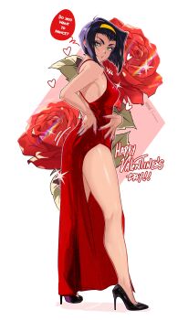 Rule 34 | 1girl, absurdres, ass, breasts, commentary, cowboy bebop, datli64, dress, english text, faye valentine, from behind, full body, green eyes, happy valentine, high heels, highres, looking at viewer, purple hair, red dress, short hair, solo, standing