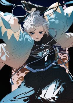Rule 34 | 1boy, absurdres, aqua haori, black background, black hakama, black kimono, blue eyes, fate/grand order, fate (series), gloves, hakama, haori, highres, holding, holding sword, holding weapon, japanese clothes, katana, kimono, nasubi illust, partially fingerless gloves, ponytail, scar, scar on face, scar on forehead, short ponytail, solo, sword, toudou heisuke (fate), toudou heisuke (third ascension) (fate), turtleneck, undershirt, unsheathed, weapon, white hair