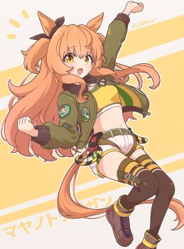 1girl absurdres animal_ears belt black_boots black_thighhighs blush bomber_jacket boots bow breasts brown_ribbon commentary_request crop_top dog_tags ear_bow ear_ribbon green_belt green_jacket hair_between_eyes highres horse_ears horse_girl horse_tail jacket long_hair long_sleeves looking_at_viewer makuraapillow mayano_top_gun_(scramble_zone)_(umamusume) mayano_top_gun_(umamusume) midriff navel open_clothes open_jacket open_mouth orange_eyes orange_hair orange_tail ribbon shirt shorts smile solo tail thighhighs two_side_up umamusume white_shorts yellow_shirt