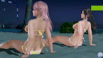 2girls 3d animated ass barefoot beach bikini breasts butt_crack cleavage dead_or_alive dead_or_alive_xtreme female_focus game_screenshot honoka_(doa) large_breasts multiple_girls navel night night_sky outdoors palm_tree pink_hair sayuri_(doa) sitting sky sound stretching swimsuit tecmo tree video video_game_screencap white_bikini yellow_bikini