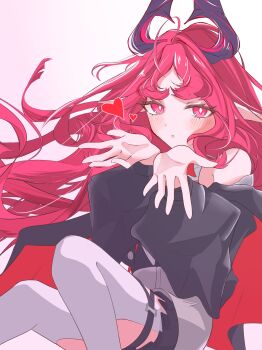 1girl arknights bare_shoulders black_shirt blowing_kiss blush bright_pupils commentary commission diamond-shaped_pupils diamond_(shape) grey_pantyhose heart highres lelielchan_an long_hair long_sleeves looking_at_viewer nymph_(arknights) pantyhose parted_lips pink_eyes pink_hair shirt skeb_commission solo symbol-shaped_pupils white_pupils