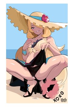 1girl absurdres black_panties black_shoes blonde_hair border breasts clothes_lift commentary commission cynthia_(pokemon) cynthia_(summer_2025)_(pokemon) day dude-doodle eyelashes flower grabbing_own_breast grey_eyes grin hair_over_one_eye hat hat_flower high_heels highres lifting_own_clothes lipstick_mark long_hair naughty_face navel nintendo official_alternate_costume outdoors panties parted_lips pink_lips pokemon pokemon_masters_ex pussy_juice pussy_juice_drip_through_clothes sand sarong sarong_lift shiny_skin shirt shoes shore sky smile solo spread_legs squatting sun_hat teeth tied_shirt underwear water white_border yellow_hat yellow_shirt
