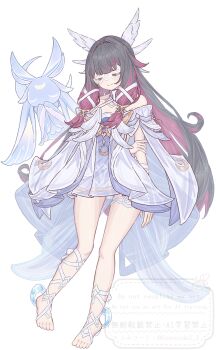 1girl absurdres arms_behind_back barefoot black_hair closed_eyes closed_mouth colored_inner_hair columbina_(genshin_impact) commentary_request dress facing_viewer full_body fumicode2_3 genshin_impact hair_ornament highres long_hair luonnotar_(genshin_impact) multicolored_hair purple_hair simple_background solo standing two-tone_hair very_long_hair white_background white_dress white_wings wing_hair_ornament wings