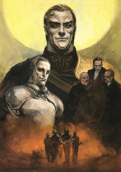 6+boys absurdres armor assault_rifle cleaned cyborg detexted dust gun helmet highres looking_at_viewer military multiple_boys official_art resized rifle science_fiction smile suemi_jun the_hybrid_front third-party_edit upscaled weapon