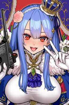 Rule 34 | 1girl, blue hair, breasts, commentary request, crown, flower, fur trim, gem, gloves, gold trim, green gem, gun, hair flower, hair ornament, handgun, heart, heart-shaped pupils, highres, hiyashiru, holding, holding gun, holding weapon, large breasts, long hair, looking at viewer, mauser c96, mini crown, open mouth, original, pink flower, pink rose, red eyes, rose, solo, symbol-shaped pupils, tongue, tongue out, upper body, v, weapon, white gloves
