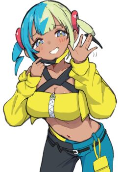 1girl bandeau black_hair black_mask black_pants blonde_hair blue_eyes blue_hair blue_pants breasts canari_(pokemon) commentary_request dark-skinned_female dark_skin highres jacket kaito_(kaito921125) looking_at_viewer mask mask_pull medium_breasts midriff mouth_mask multicolored_hair navel nintendo pants pokemon pokemon_legends:_z-a simple_background solo standing two-tone_mask two-tone_pants white_background yellow_bandeau yellow_jacket yellow_mask