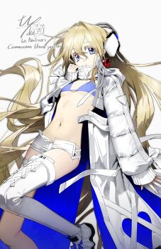 1girl absurdres blonde_hair commission earmuffs highres jacket long_hair navel open_fly paldu shoes short_shorts shorts sneakers tagme