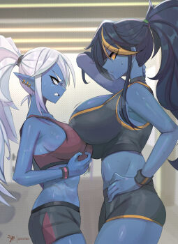 anger_vein angry armpits bare_shoulders black_hair blue_skin breast_press breasts character_request clash_of_breasts_(meme) colored_sclera colored_skin ear_piercing hand_on_own_hip huge_breasts jealous looking_at_another medium_breasts pandy_(geistbox) piercing pointy_ears polka_dot polka_dot_background ponytail shorts size_difference sports_bra sportswear sweat white_hair yellow_eyes yellow_sclera