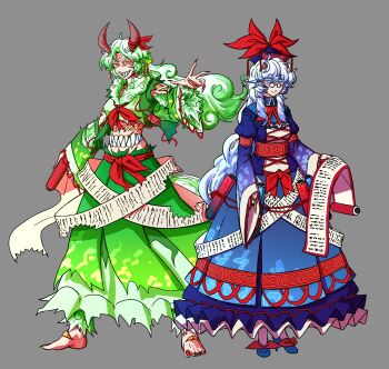 Rule 34 | 2girls, absurdres, alternate costume, blue dress, blue hair, blue hat, blue skirt, commentary, cross-laced clothes, dress, dual persona, english commentary, ex-keine, fingernails, glasses, green dress, green hair, green skirt, grey background, hat, highres, holding, holding scroll, horns, kamishirasawa keine, long fingernails, long hair, multiple girls, neckerchief, pince-nez, red nails, red neckerchief, round eyewear, scroll, sharp teeth, simple background, skippeaccented, skirt, standing, tattoo, teeth, touhou