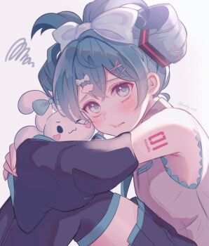1girl 1other aqua_eyes aqua_hair aqua_necktie aqua_trim arm_tattoo black_skirt black_sleeves bow cinnamiku cinnamoroll closed_mouth commentary_request creature detached_sleeves fuwa_fuwa_cinnamoroll grey_background grey_shirt hair_between_eyes hair_bow hair_ornament hatsune_miku highres hug long_hair looking_at_another miniskirt necktie number_tattoo ochamaru_(hjkt8883) one_eye_closed pleated_skirt sanrio shirt skirt sleeveless sleeveless_shirt tattoo twintails very_long_hair vocaloid white_bow