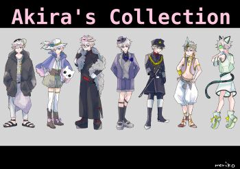 107_(kyuu_meriko) 1boy absurdres animal_ears ankle_socks armlet baggy_pants bangle bare_pectorals baseball_cap bead_necklace beads belt black_belt black_boots black_border black_changpao black_coat black_gloves black_hat black_jacket black_nails black_necktie black_pants black_sandals black_skirt black_socks blazer blue-tinted_eyewear blue_eyes blue_flower blue_ribbon blue_rose blue_shirt boots border bow bracelet brooch brown_boots brown_bow brown_corset buttons cat_ears cat_mask cat_tail center_frills changpao check_copyright chinese_clothes cloak closed_mouth coat collarbone collared_cloak collared_coat collared_jacket collared_shirt colored_lapels commentary_request copyright_request corset detached_sleeves double-breasted dress_shirt earrings english_text eyepatch fake_animal_ears fake_tail flower flower_brooch footwear_bow frills fur_shawl glasses gloves goggles green-tinted_eyewear green_boots green_headband green_shorts grey_background grey_shawl grey_shoes grey_vest hair_between_eyes hair_ornament hairclip hand_on_hilt hand_on_own_hip hand_on_own_neck hands_in_pockets hat hat_bow hat_feather hat_flower headband high_collar high_heel_boots high_heels highres holding holding_stuffed_toy hood hood_down hooded_jacket hooded_shirt jacket jewelry katana knee_boots lapels leg_belt letterboxed long_sleeves male_focus mandarin_collar mary_janes mask mask_on_head medical_eyepatch messy_hair mini_hat mini_top_hat multicolored_boots nail_polish navel neck_ribbon necklace necktie nikki_(series) notched_lapels one_eye_closed open_clothes open_jacket original pants parallel_hairclips peaked_cap pectorals pink_bow pink_mask platform_boots prayer_beads print_shirt puffy_shorts purple_cloak purple_hat purple_jacket purple_shorts purple_vest red_shirt ribbon rose round_eyewear sandals see-through_clothes see-through_shirt shawl sheath sheathed shining_nikki shirt shoes short_hair shorts sideways_hat signature skirt sleeve_cuffs sleeveless sleeveless_shirt smile socks sphere_earrings standing stomach striped_clothes striped_shorts stuffed_animal stuffed_cat stuffed_toy sword tail thighhighs tinted_eyewear tiptoes toenail_polish toenails toes top_hat two-tone_boots variations vertical-striped_clothes vertical-striped_shorts vest weapon white_boots white_gloves white_hair white_hat white_pants white_shirt white_shoes white_thighhighs x_hair_ornament