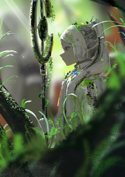 Rule 34 | 1girl, absurdres, blue eyes, closed mouth, elf, expressionless, frieren, from side, grass, highres, holding, holding staff, koukouya, long hair, overgrown, parted bangs, pointy ears, sidelocks, solo, sousou no frieren, staff, statue, twintails, white hair