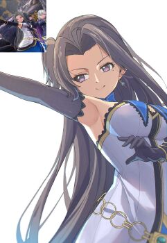 1girl absurdres armpits aurelia_le_guin breasts closed_mouth commentary detached_sleeves dress eiyuu_densetsu game_screenshot_inset grey_hair highres large_breasts long_hair mole mole_under_eye multiple_views naisu_(nai_su01) purple_eyes reference_inset sen_no_kiseki sen_no_kiseki_(series) sen_no_kiseki_iv simple_background smile solo very_long_hair vita_clotilde white_background white_dress