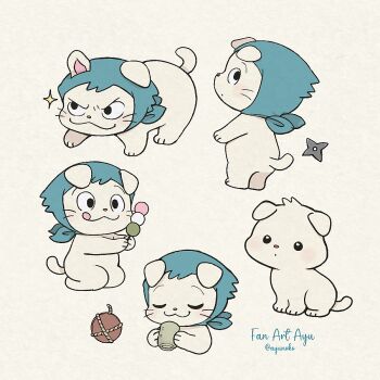 Rule 34 | :3, :p, animal, animal focus, ayu (mog), closed eyes, closed mouth, commentary request, cup, dango, dog, food, hemuhemu, holding, holding cup, holding food, multiple views, no humans, rakudai ninja rantarou, sanshoku dango, shuriken, simple background, sparkle, tongue, tongue out, wagashi, weapon, whiskers, white background