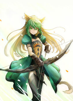 1girl absurdres animal_ears arrow_(projectile) atalanta_(fate) black_gloves black_skirt black_thighhighs blonde_hair blush bow_(weapon) braid breasts cat_ears cat_tail commentary_request dress fate/apocrypha fate/grand_order fate_(series) gloves gradient_hair green_dress green_eyes green_hair highres layered_skirt long_hair looking_at_viewer multicolored_hair puffy_short_sleeves puffy_sleeves short_sleeves skirt small_breasts smile tail thighhighs thighs weapon yuniyuni
