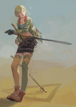 Rule 34 | 1girl, bad id, bad pixiv id, bandeau, belt, blonde hair, blue eyes, borrowed character, chain, cigarette, cloud, cross, cross earrings, earrings, female focus, gloves, highres, huge weapon, ishidah, jacket, jewelry, looking ahead, midriff, mole, mole under eye, multicolored legwear, open clothes, open jacket, original, oversized object, pocket watch, print thighhighs, scabbard, sheath, short hair, sky, smoke, solo, studded skirt, sword, thighhighs, triangle, watch, weapon, zettai ryouiki