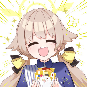 1girl ^_^ alternate_costume blue_archive blue_shirt bow brown_hair chicken_(food) closed_eyes commentary_request food fried_chicken hair_between_eyes hair_bow hair_ornament hair_ribbon halo hifumi_(blue_archive) lawson long_hair looking_at_viewer low_twintails o_(rakkasei) part_time_job peroro_(blue_archive) ribbon shirt short_sleeves sidelocks simple_background solo sparkle store_clerk twintails white_background wing_hair_ornament