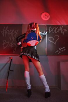 1girl ass blood bloodrayne bloodrayne_(videogame) classroom cosplay dhampir from_behind half-human highres kneehighs monster_girl red_hair school_uniform socks tagme thighs twintails undead upskirt vampire