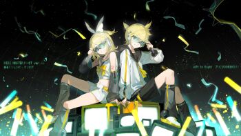 1boy 1girl absurdres aqua_eyes black_shorts blonde_hair bow commentary_request cropped_sweater crt english_text glowstick hair_bow headphones highres hood hooded_jacket irple jacket kagamine_len kagamine_len_(nt) kagamine_rin kagamine_rin_(nt) midi_master_(vocaloid) navel shorts sitting skirt sleeveless sleeveless_sweater streamers sunglasses sweater white_skirt yellow_bow zipper