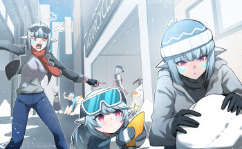 android android_mk.99 blue_hair breath coat cold guardian_tales helseujang highres little_android_aa72 multiple_girls open_mouth pink_eyes red_scarf scarf short_hair snow snowflakes snowing snowman tagme winter winter_clothes winter_coat