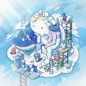 Rule 34 | 1girl, 6+others, absurdres, black skin, bucket, bucket on head, cat, cloud, colored skin, fish, food, food art, hat, highres, holding, holding shovel, manta ray, multiple others, object on head, original, paint can, scaffolding, shoes, shovel, snow sculpture, snow shovel, tako-san wiener, the thinker, tti design, unworn shoes, whale, whale costume, whale hat, white skin