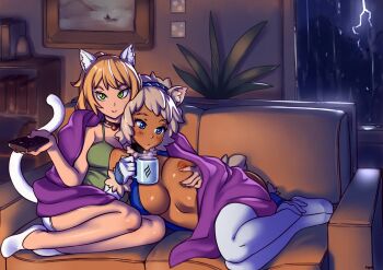 2girls animal_ears bad_id bad_tumblr_id bell blanket blonde_hair blue_eyes blush body_freckles bookshelf borrowed_character breast_freckles breasts bunny_and_fox_world casual cat_ears cat_tail collar controller couch cryska_(rune_ocarina) cup dark-skinned_female dark_skin elbow_gloves freckles gloves grabbing_another's_breast green_eyes groping hairband highres jingle_bell large_breasts lightning_bolt_symbol mug multiple_girls neck_bell nipples optionaltypo original panties portrait_(object) rain remote_control sapphicneko_(sapphicneko) shephira_(cert) short_hair smile socks tail thighhighs underwear white_gloves white_legwear white_panties window yuri