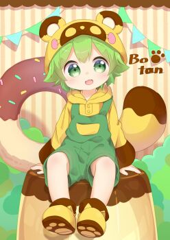 Rule 34 | 1boy, :3, animal ears, animal hat, botan-kun, donut, food, green eyes, green hair, hat, highres, hood, hoodie, male focus, nipeira, original, overalls, paw print, raccoon hat, raccoon tail, solo, tail