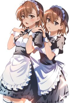 2girls alternate_costume anime_coloring apron black_dress blush brown_eyes brown_hair ci31205 clone commentary_request dress embarrassed empty_eyes enmaided expressionless frilled_apron frilled_dress frills furrowed_brow hair_between_eyes hands_on_another&#039;s_shoulders highres looking_at_viewer maid maid_apron maid_headdress medium_hair misaka_imouto misaka_mikoto multiple_girls puffy_short_sleeves puffy_sleeves short_dress short_hair short_sleeves siblings sisters standing sweatdrop thighhighs toaru_kagaku_no_railgun toaru_majutsu_no_index waist_apron white_apron white_background white_headdress white_thighhighs white_wrist_cuffs wrist_cuffs zettai_ryouiki