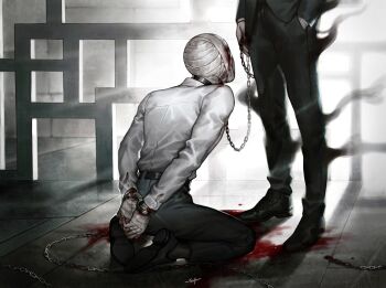 2others backlighting bandaged_arm bandaged_head bandages belt black_coat black_pants blood blood_on_clothes blood_on_ground blood_on_hands chain chain_leash coat collar cuffs fading full_body hand_in_pocket handcuffs highres holding holding_chain leash looking_at_another multiple_others on_ground original pants seiza shinku_syrup shirt sitting white_shirt