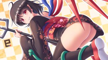 1girl ass asymmetrical_wings black_hair black_kimono blue_wings blush checkered_background commentary_request floral_print floral_print_kimono from_below grin hands_up highres holding holding_polearm holding_weapon houjuu_nue japanese_clothes kimono leaning_forward legs legs_folded looking_at_viewer looking_back lzh medium_hair polearm print_kimono red_eyes red_wings smile snake solo thighhighs thighs touhou trident weapon wide_sleeves wings yukata